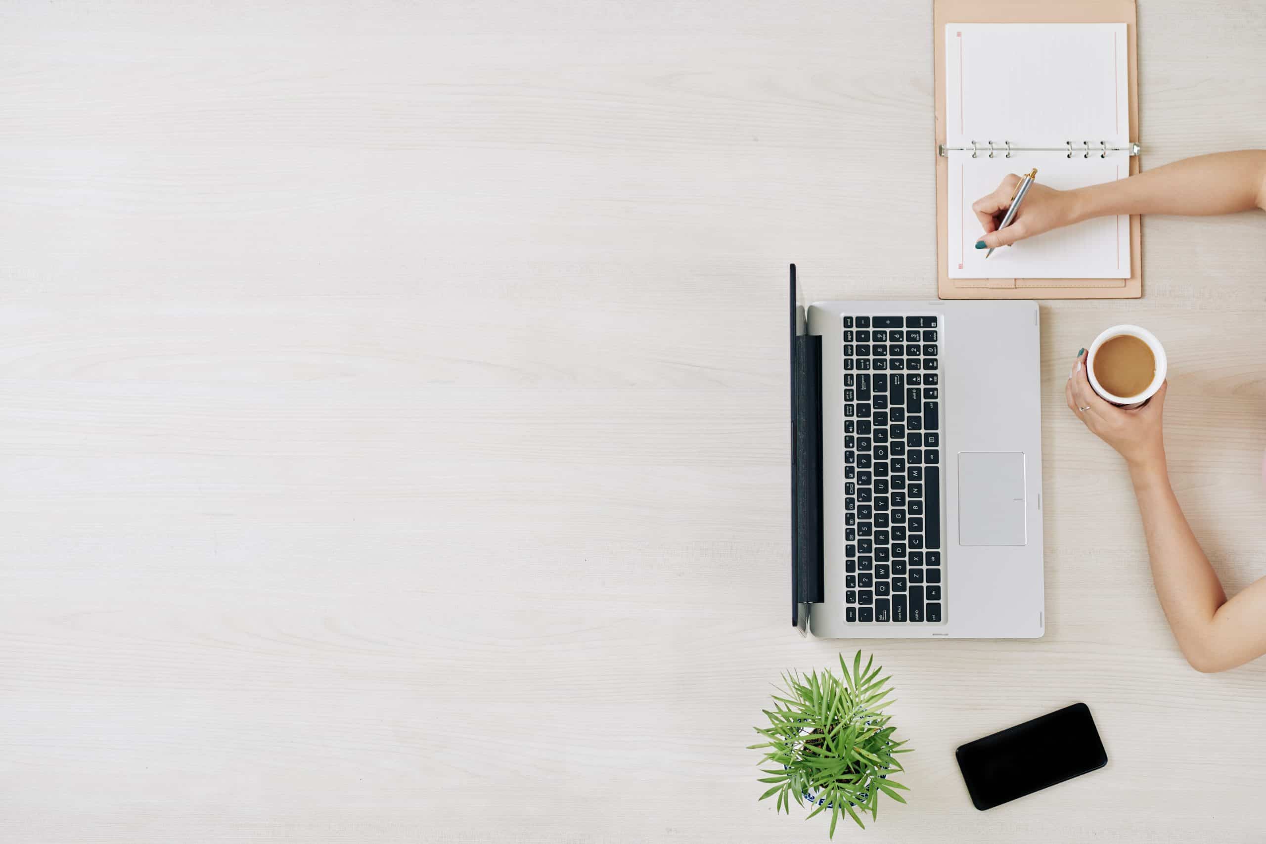 Female freelancer working at big office table, drinking coffee and taking notes in planner